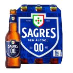 BER-BTL0154 - Delícias Bottle of Sagres 0.0% non-alcoholic beer beside a blue six-pack of Sagres 0.0% beer