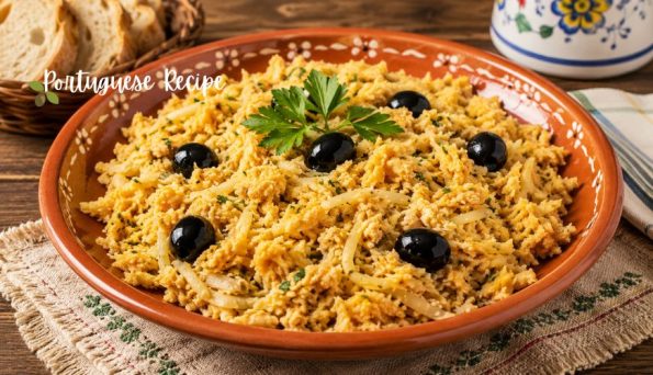 Clay serving bowl of Portuguese cod hash with onions, black olives, and parsley garnish?