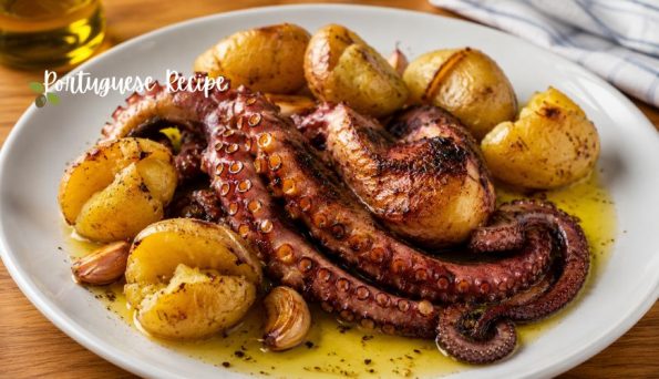 Octopus tentacles with roasted potatoes on a white plate, drizzled with olive oil—Portuguese recipe theme in the corner text.