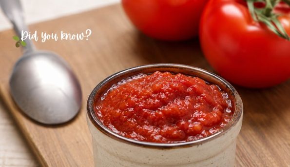 Jar of chunky tomato sauce on a wooden board with fresh tomatoes in the background; 'Did you know?' text in the corner. (informational)