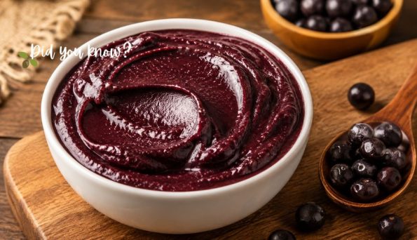 White bowl filled with thick dark purple berry puree on a wooden surface, with blueberries in a wooden spoon nearby and a 'Did you know?' overlay text.