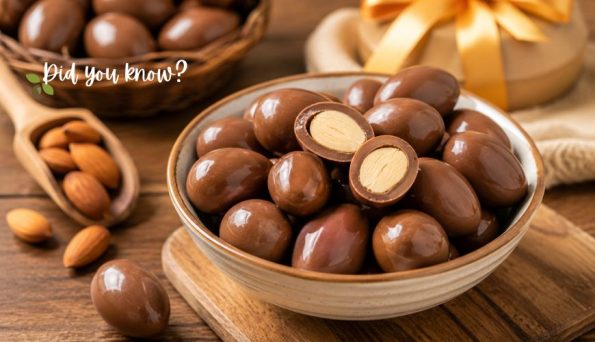 Bowl of glossy chocolate-covered almonds on a wooden table, with 'Did you know?' text overlay and loose almonds nearby.