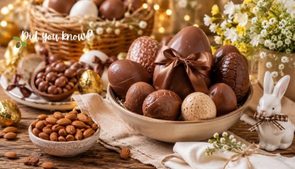 Assorted chocolate eggs in a bowl with almonds and a small bunny figurine on a rustic table for Easter decor.