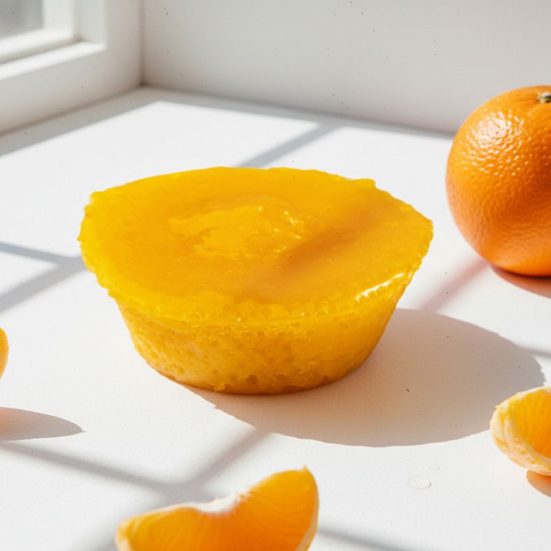 Queijada de Laranja 2 - Delícias Bright yellow citrus tart on a white surface with a whole orange and orange segments nearby by a sunlit window.