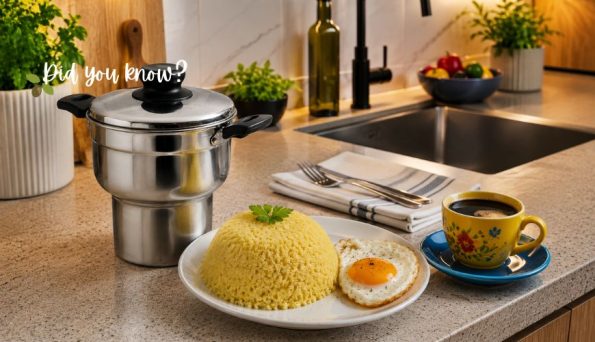 Stainless steel pot on a kitchen counter beside a plate of yellow couscous with parsley and a sunny-side-up egg, plus a coffee cup.