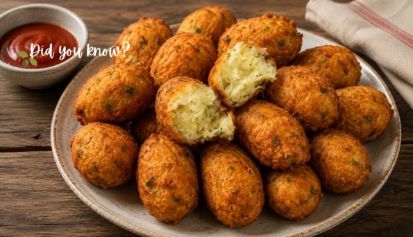 Plate of golden fried potato croquettes with one broken open showing a fluffy interior, served with a dipping sauce on a wooden table.