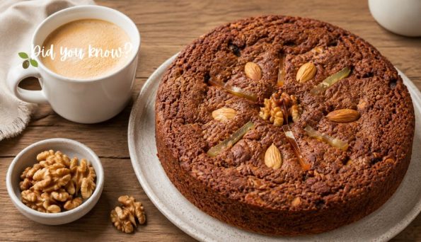 Round chocolate cake with almond and pear toppings sits on a plate beside a mug of coffee and a small bowl of walnuts on a wooden table.