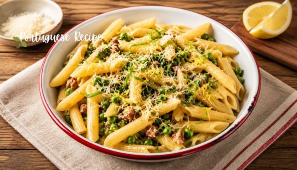 Penne pasta with peas and bacon in a white bowl, topped with grated cheese on a rustic wooden table.