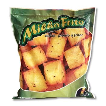 Front of a green snack bag filled with bite-sized fried potato cubes, ready to fry