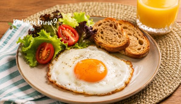 Plate with a fried egg, greens, cherry tomatoes, crusty bread, and a glass of orange juice; overlay text 'Did you know?'
