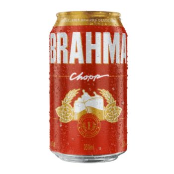 Red Brahma beer can with gold top, large white BRAHMA lettering and hops emblem indicating 350 ml capacity