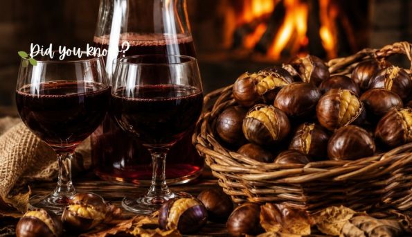 Two glasses of red wine and a bottle beside a basket of roasted chestnuts near a warm fireplace; cozy autumn scene, with the words 'Did you know?' overlaid.