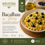 Delicias recipe kit poster featuring Bacalhau à Brás with plated dish and olive garnish, tagline and cooking icons (Ready in 30 minutes, serves 4).