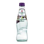 Clear glass bottle of Pedras Açaí soda with purple cap, labeled 'Pedras Açaí' and 'com Ingredientes Naturais' on a white background, natural flavors emphasized