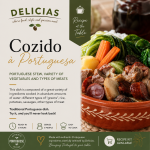 Cozido a Portuguesa - Delícias Cover of a Delicias recipe kit for Cozido à Portuguesa, showing a pot of beef and vegetables on the right and recipe text on the left