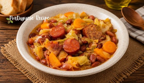 Hearty Portuguese bean stew with sausage, carrots, and cabbage served in a bowl on a wooden table, with bread in the background.
