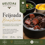 Promotional cover for Delicias Feijoada Brasileira recipe kit: left panel with branding and description, right panel a black pot of feijoada with sides.