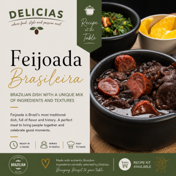 Promotional cover for Delicias Feijoada Brasileira recipe kit: left panel with branding and description, right panel a black pot of feijoada with sides.