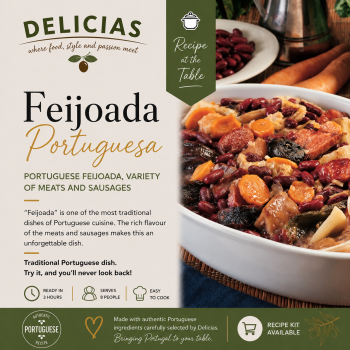 Feijoada Portuguesa cookbook cover with bowl of feijoada on the right and the title 'Feijoada Portuguesa' on the left.