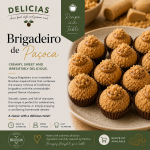 Promotional image for Brigadeiro de Paçoca: a platter of peanut-crunch brigadeiros on the right and branding/recipe text on the left side of the layout.