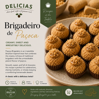 Promotional image for Brigadeiro de Paçoca: a platter of peanut-crunch brigadeiros on the right and branding/recipe text on the left side of the layout.