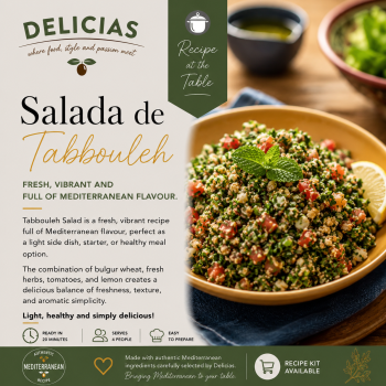Cover of a Delicias recipe kit featuring 'Salada de Tabbouleh' with a bowl of tabbouleh on the right and a 'Recipe at the Table' badge on a green ribbon.