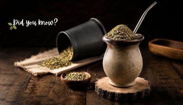 Traditional yerba mate setup: a gourd with a metal bombilla on a wooden coaster, with loose yerba and a small bowl on a dark rustic table, 'Did you know?' text in the corner.
