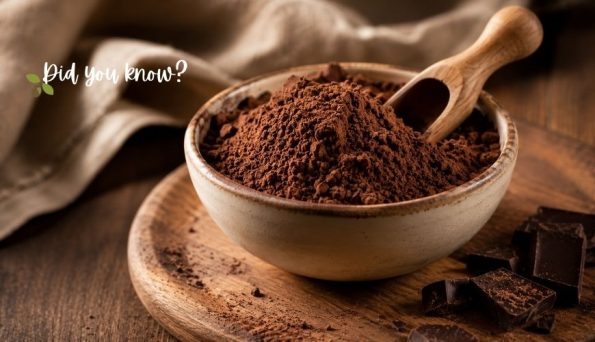 Ceramic bowl of cocoa powder with a wooden scoop on a wooden board, dark chocolate chunks nearby, and 'Did you know?' text in the corner.