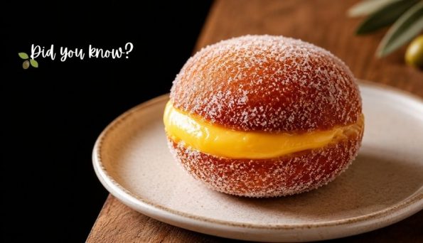 Sugared cream-filled doughnut on a plate with 'Did you know?' text in the dark background corner.