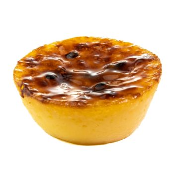 Custard tart with a caramelized, glossy top and golden crust, shown on a white background.