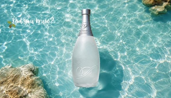 Frosted Vidago bottle floating in a bright turquoise pool, with rocks at the edge and 'Did you know?' text in the corner.
