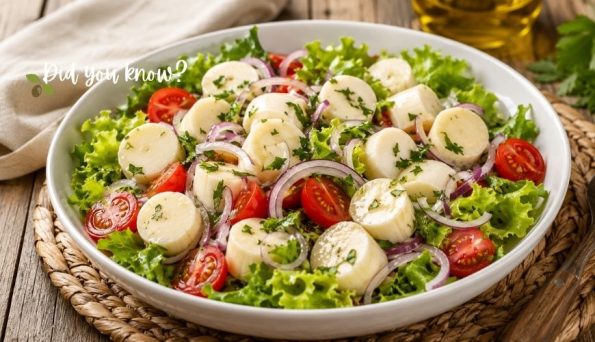 Bowl of mixed greens topped with mozzarella pearls, cherry tomatoes, red onion slices, and herbs.