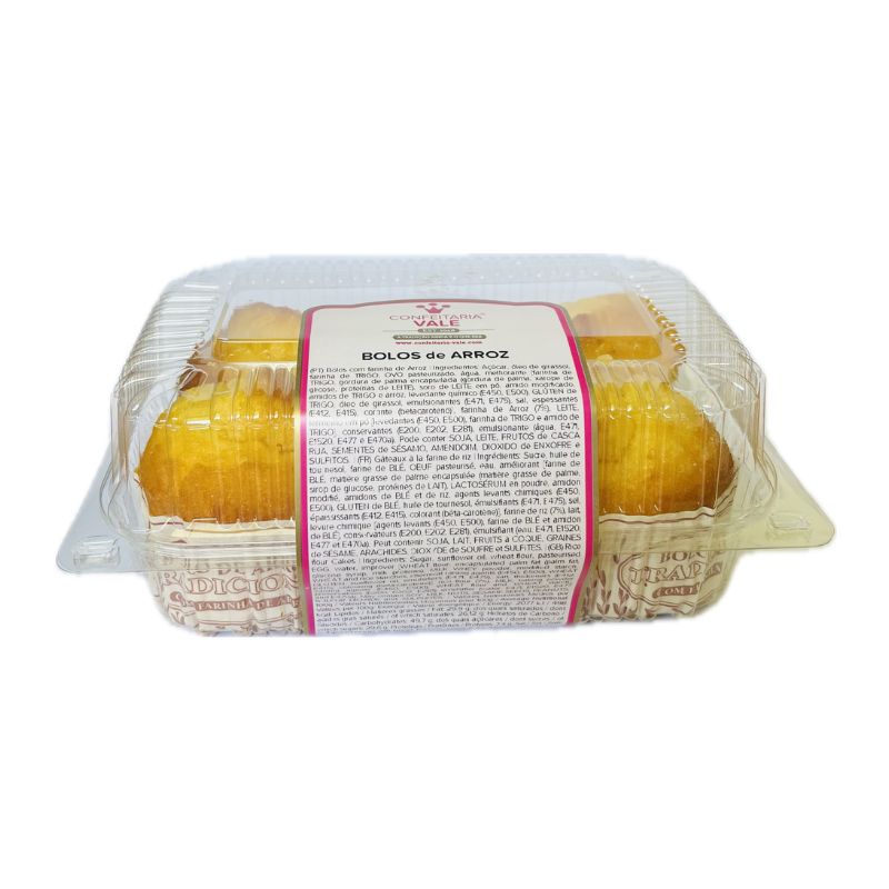 CNF-CKE992 - Delícias Clear plastic clamshell package containing several round golden-brown rice cakes labeled 'Bolos de arroz'