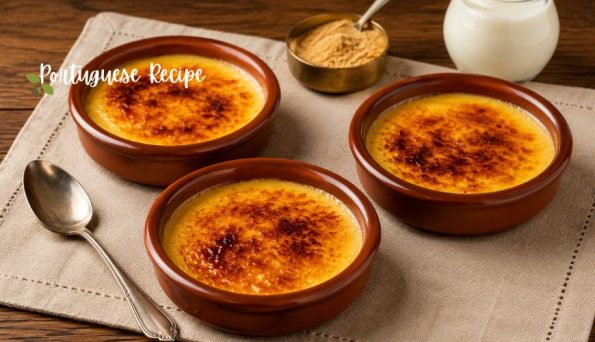 Three caramelized crème brûlée in brown clay bowls sit on a beige mat, with a spoon and sugar jar nearby, labeled ‘Portuguese Recipe.’