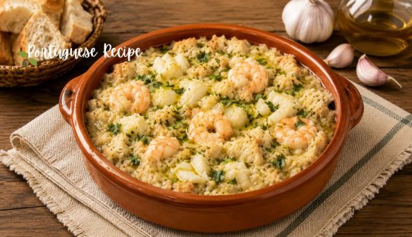 Shrimp and potato casserole in a brown clay pot on a wooden table, labeled 'Portuguese Recipe' at the top left.