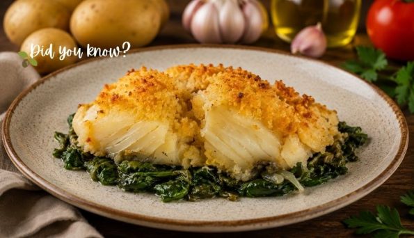 Crispy baked white fish fillet on a bed of sautéed greens on a beige plate, with a 'Did you know?' overlay text in the corner.