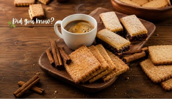 White coffee cup with a plate of cookies and cinnamon sticks on a wooden table; overlay text reads 'Did you know?'