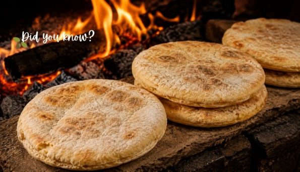 Three round flatbreads baking on a wood fire with flames in the background and a 'Did you know?' overlay in the corner.