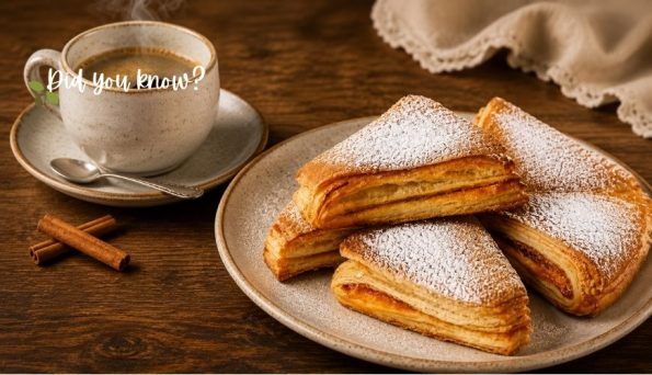 Pastries dusted with powdered sugar on a plate beside a cup of coffee on a wooden table.