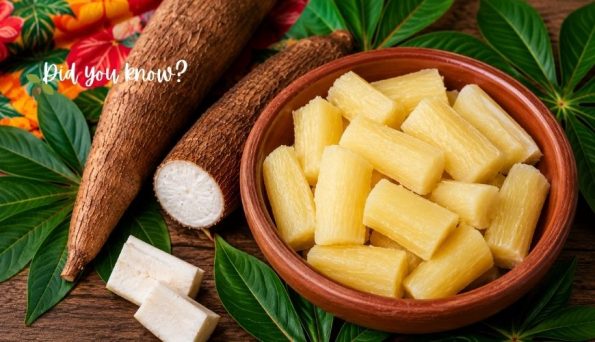 A clay bowl filled with cubed cassava next to whole cassava roots on a wooden surface with green leaves and the text 'Did you know?'.