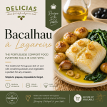Bacalhau a Lagareiro - Delícias Promotional image for Bacalhau à Lagareiro: cod with potatoes and greens on a plate, with recipe branding and text on left side.
