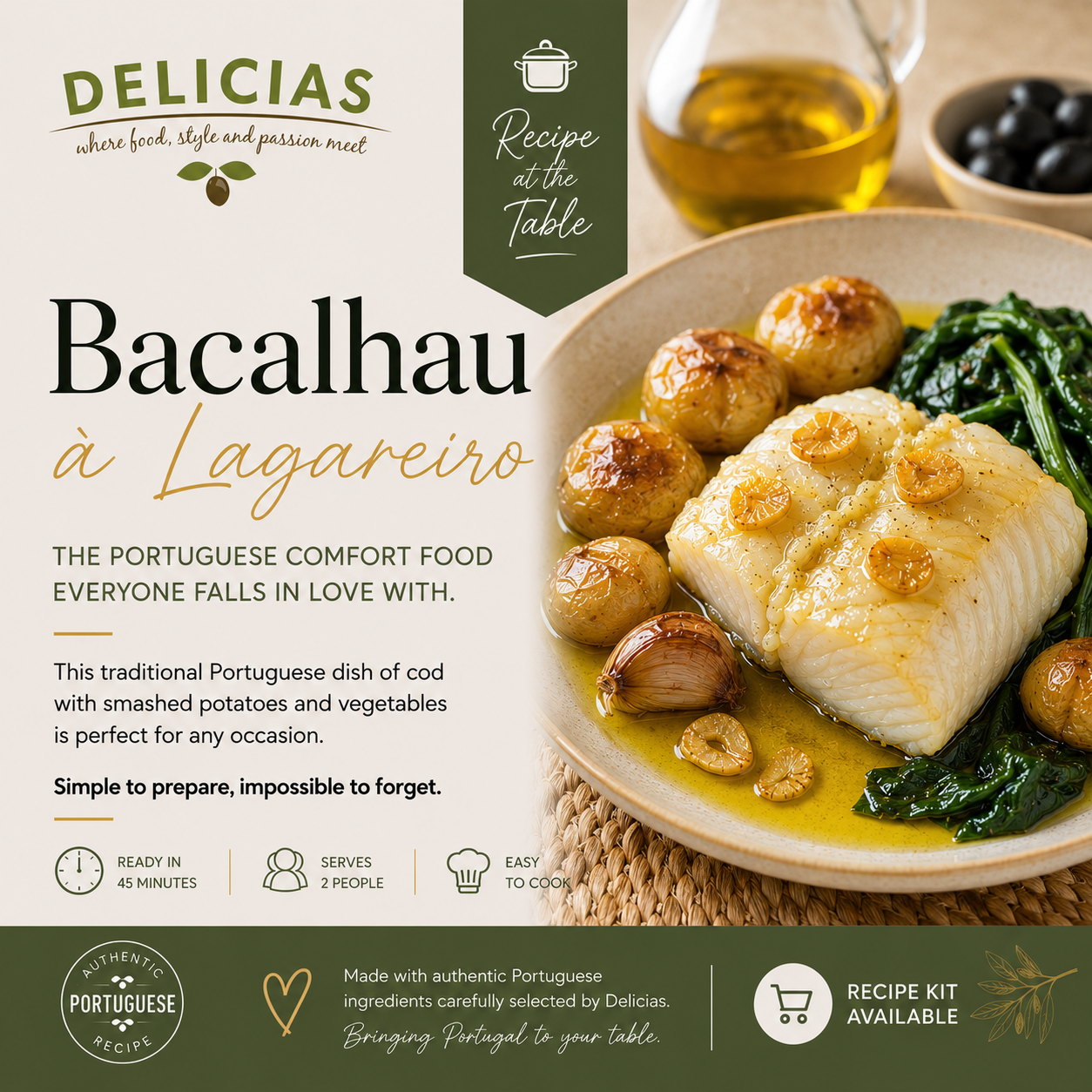 Bacalhau a Lagareiro - Delícias Promotional image for Bacalhau à Lagareiro: cod with potatoes and greens on a plate, with recipe branding and text on left side.