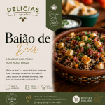 Recipe cover: Baião de Dois, a traditional Northeast Brazilian dish, shown in a patterned bowl with grains and cheese cubes on the right and text on the left.