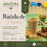 Batida de Pacoca - Delícias Poster advertising Batida de Paçoca with a tall glass of creamy paçoca drink on the right and a green recipe banner at the top left.