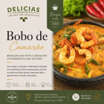 cookbook cover for Delicias: Bobo de Camarão, a Brazilian shrimp dish with text and a shrimp skillet on the right.