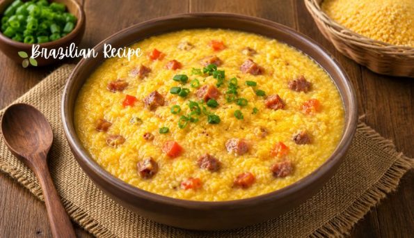 Creamy polenta with sausage cubes and red peppers in a brown bowl, garnished with chopped green onions; 'Brazilian Recipe' watermark on the image.