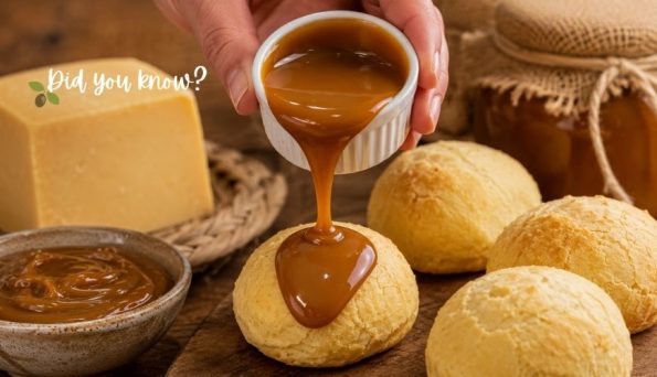 Caramel sauce being poured over round cream pastries on a wooden board.