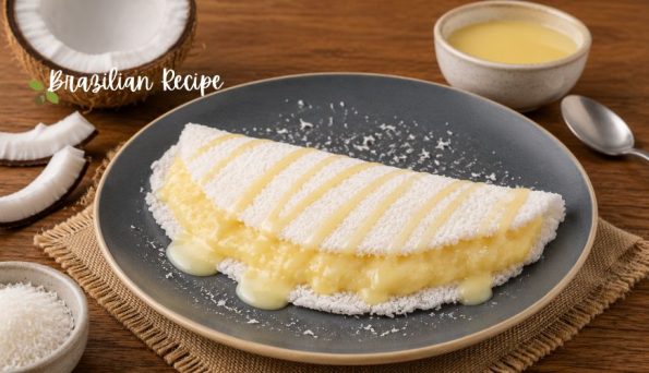 Rolled coconut pastry with yellow custard filling dusted with powdered sugar on a gray plate.