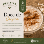 Poster for Delicias Doce de Canjica recipe; left side has text and branding, right side shows a creamy cinnamon-sprinkled dessert in a bowl