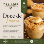 Promotional image for a Doce de Paçoca dessert kit showing creamy peanut dessert in glass cups with crumb topping and branding text on the left, 'Recipe at the Table' banner visible on the right side.